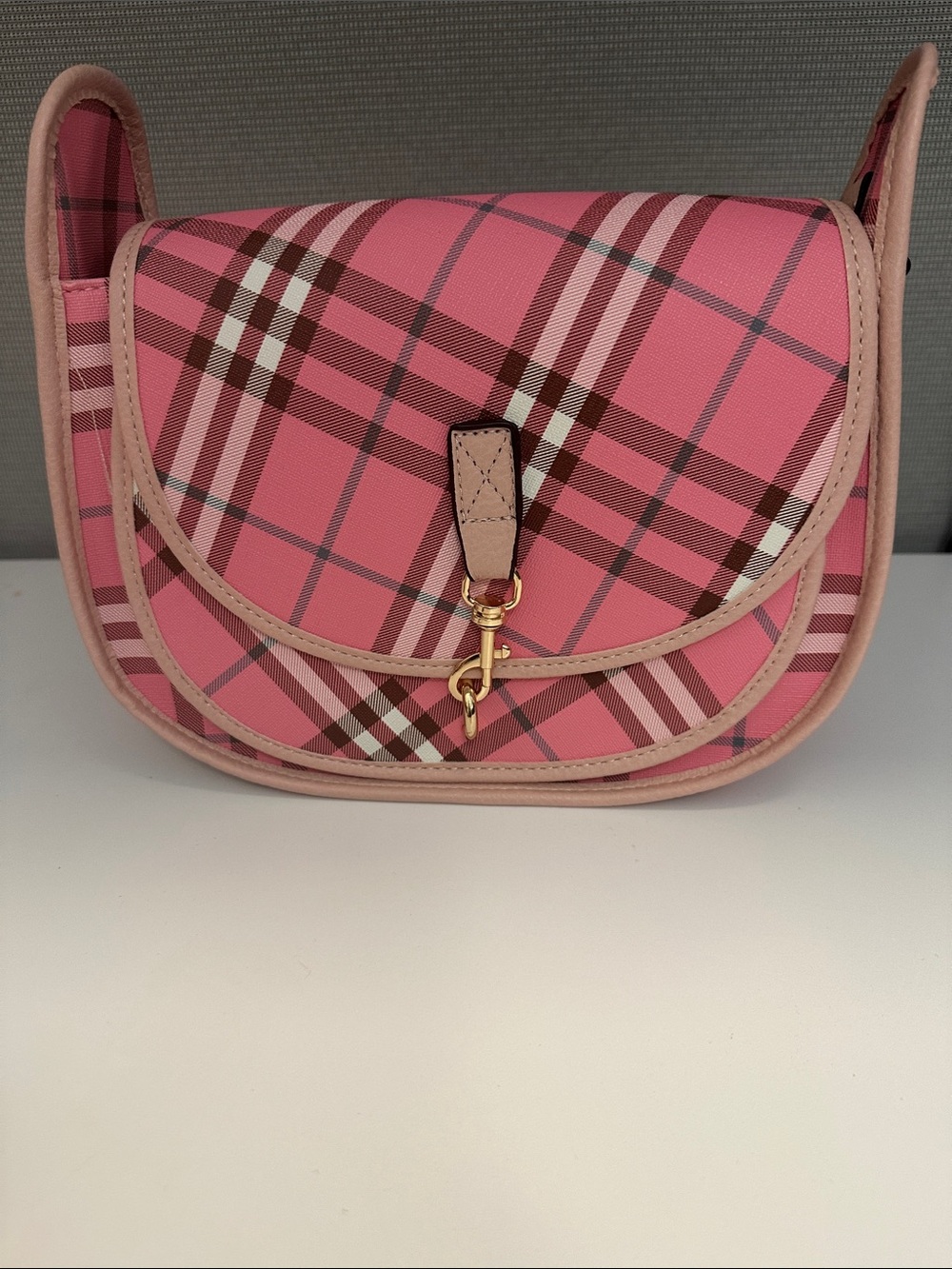 Pink Plaid Crossbody Bag with Gold Hardware